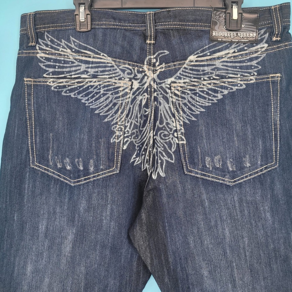 Brooklyn Xpress Jeans Mens 40 Y2K Baggy Eagle Graphic Dark Wash Denim streetwear